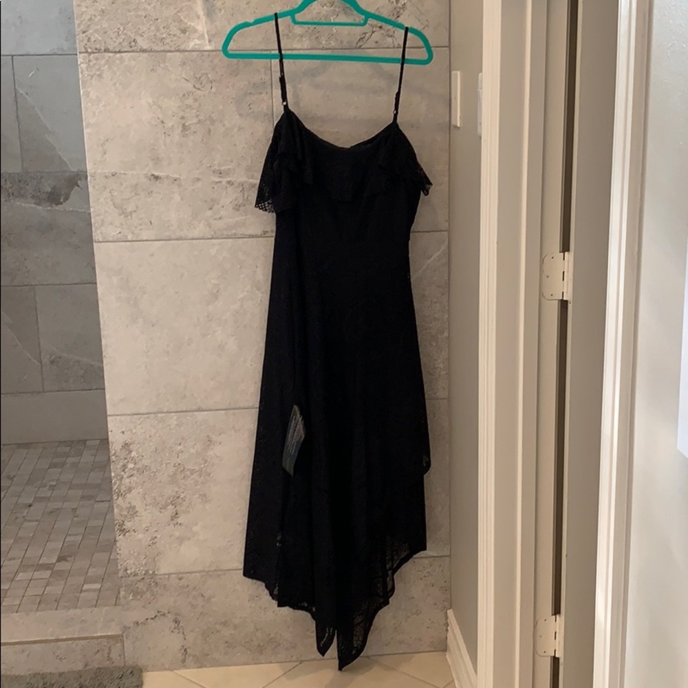 Black high- low BCBG lace dress.
